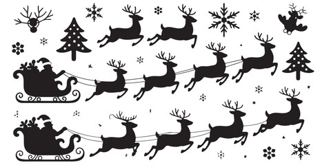 Santa Claus is flying in sleigh with Christmas reindeer silhouettes