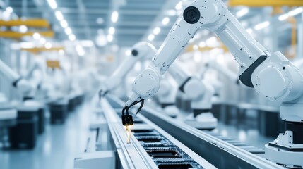 Fototapeta premium Futuristic factory assembly line with robotic arms and automation technology