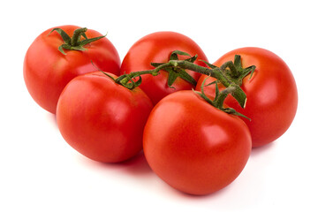 Ripe fresh tomatoes, close-up, isolated on white background.