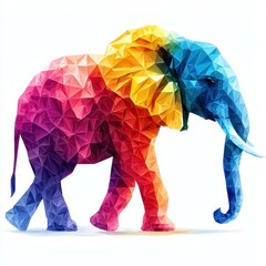 Colorful geometric elephant walking gracefully on a light background during daytime