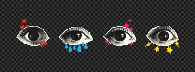 Collage halftone eyes set with different emotions. Paper cut female eyes with shocked look and lightning bolts, in love with hearts, crying with tears and cute with sparkle stars. Vector.