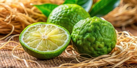 Fototapeta premium Close up of bergamot citrus fruit on coconut fiber background with vibrant yellow and green hues, citrus, botanical