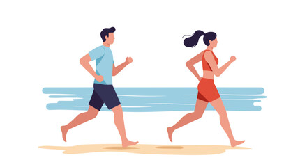 Active couple jogging on the beach against a serene ocean backdrop  
