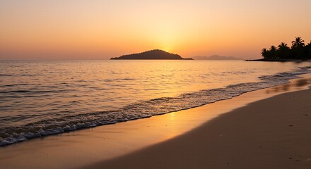 Fototapeta premium Beach at Sunset with Warm Light and Gentle Waves