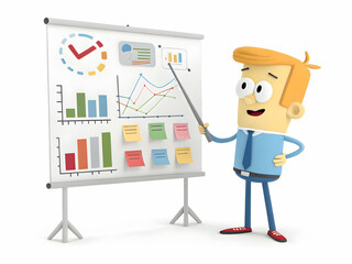 Cartoon Character Presenting Business Charts and Graphs on Board