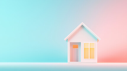 Clean and modern home design with pastel color scheme, featuring simple structure and large windows. soft gradient background enhances serene atmosphere, making it inviting and stylish
