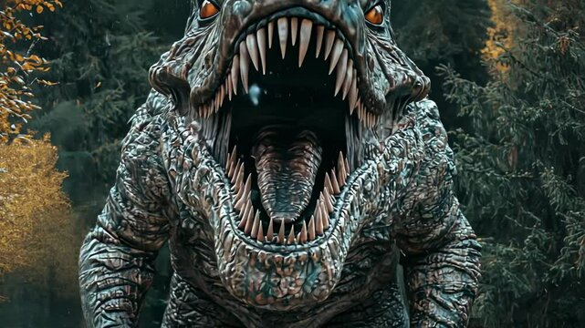 Giant Lizard Creature Encounter in a Forest Setting with Human Figure