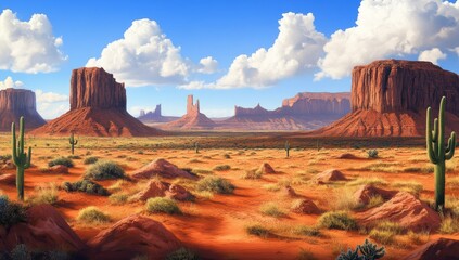 Vast desert landscape, towering buttes, vibrant colors, sunny day