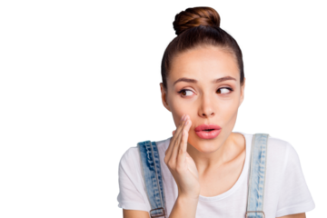 Close up photo of interested lady sharing private novelty look at copy space wearing white t-shirt denim jeans isolated over blue background