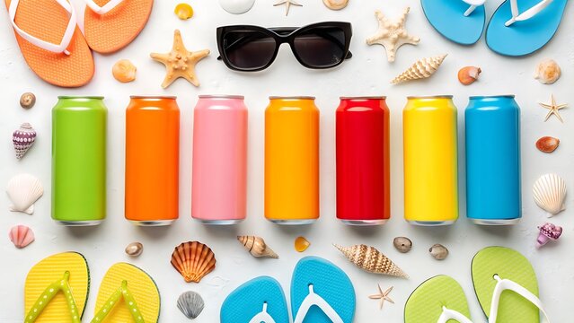 Signature Craft Soda concept. Colorful beverage cans arranged with beach-themed accessories on a light background.