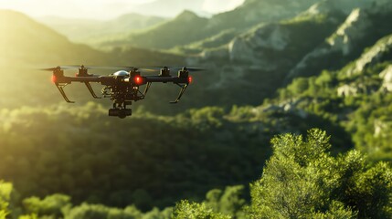 Fototapeta premium Drone soars above sunlit valley