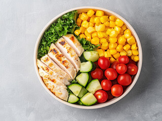 Healthy grilled chicken with vibrant vegetables including fresh cucumbers, cherry tomatoes, and sweet corn arranged in bowl, creating colorful and nutritious meal