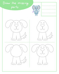 Draw the missing parts according to the example lesson with elephant