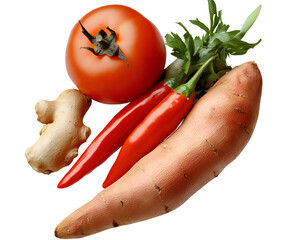 A tomato, ginger, and chili, sweet potato, on a transparent background