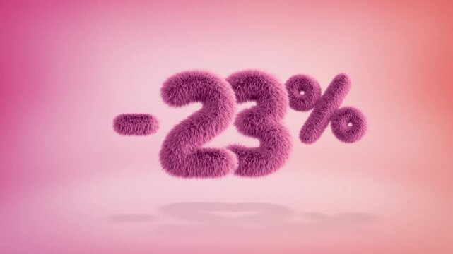 23% pink fluffy numbers and symbols on a simple gradient background with particles. Looping animation of 3D text countdown 23 percent sale