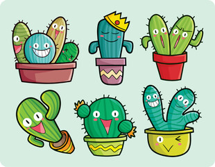 Kawaii and funny happy cactus cartoon illustration set