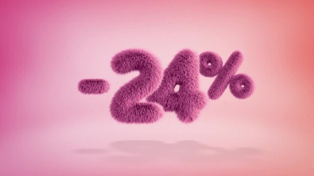 24% pink fluffy numbers and symbols on a simple gradient background with particles. Looping animation of 3D text countdown 24 percent sale