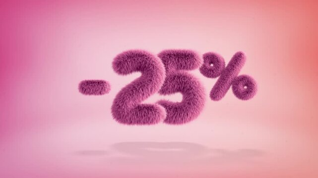 25% pink fluffy numbers and symbols on a simple gradient background with particles. Looping animation of 3D text countdown 25 percent sale