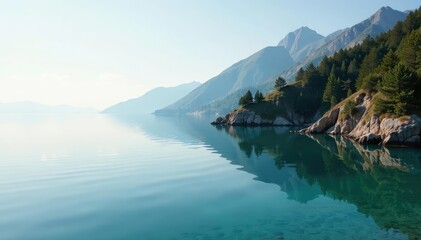 Distinctive shoreline, irregular shape mirrored in calm water, shape, irregular, water
