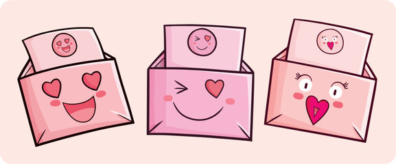 Cute and lovely pink envelope cartoon character illustration set