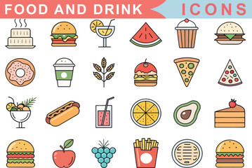 Restaurant and Food Icons Set in Line Style  Burger, Pizza, Hot Dog, French Fries, Desserts, Drinks, Editable Stroke


