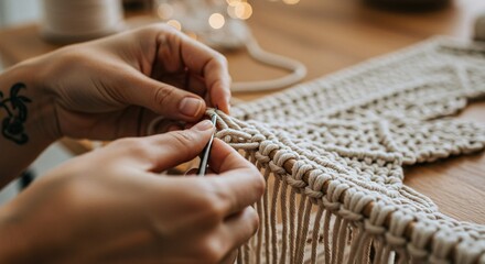 Obraz premium Close up of hands creating macrame art with a needle and beige rope on a wooden surface indoors