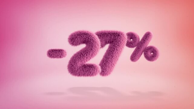 27% pink fluffy numbers and symbols on a simple gradient background with particles. Looping animation of 3D text countdown 27 percent sale