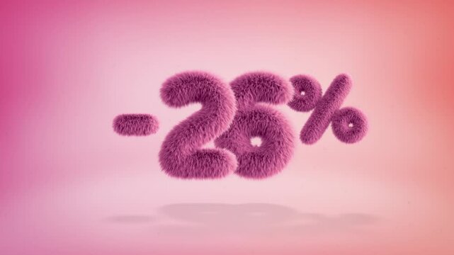 26% pink fluffy numbers and symbols on a simple gradient background with particles. Looping animation of 3D text countdown 26 percent sale