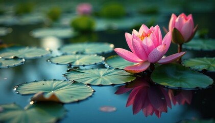 Intricate floral pattern of water plants reflected in a still lake , background, purple, beautiful
