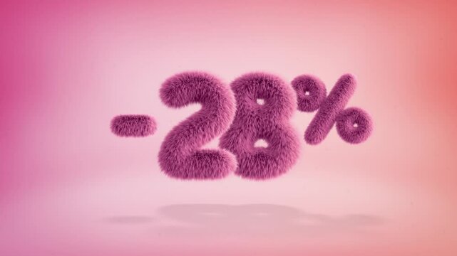 28% pink fluffy numbers and symbols on a simple gradient background with particles. Looping animation of 3D text countdown 28 percent sale