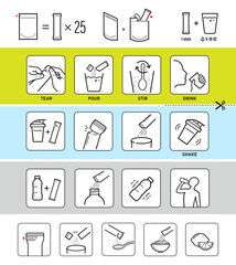 This set of icons for stick packaging includes steps for preparing, mixing, and consuming. Vector elements for infographics. Set of sign for detailed guideline. Ready for your design. EPS10.