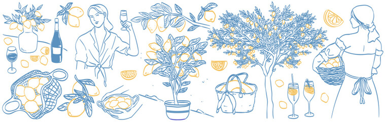 Italian amalfi sicily style vacation hand drawn vector illustrations in ink line doodle sketch style. Lemon tree, woman holding basket on vacation charcoal style drawings for poster, placard or print.