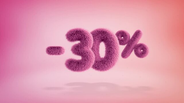 30% pink fluffy numbers and symbols on a simple gradient background with particles. Looping animation of 3D text countdown 30 percent sale
