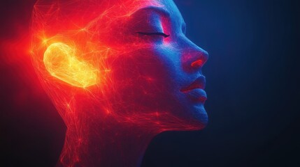 Woman's head profile with red and blue light effects on a dark background.