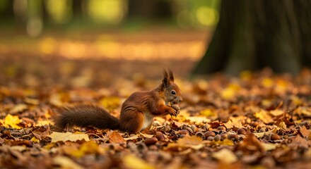 A squirrel holding an acorn in its paws surrounded by fallen leaves in an autumn forest scene