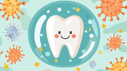 Cute cartoon tooth smiling inside protective orb, surrounded by colorful virus illustrations. This playful design emphasizes dental health and protection against germs