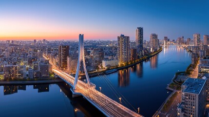 Fototapeta premium Digital Cityscape of Tokyo with River and Bridge, Long Exposure Car Light Streaks, Modern Urban Architecture along Chiyoda River at Sunset, Aerial View with Blue Gradient Theme