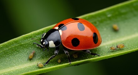 Fototapeta premium A close up of a ladybug with black spots on its red shell sitting on a green leaf with small insects