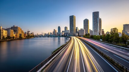 Digital Cityscape of Tokyo with River and Bridge, Long Exposure Car Light Streaks, Modern Urban Architecture along Chiyoda River at Sunset, Aerial View with Blue Gradient Theme