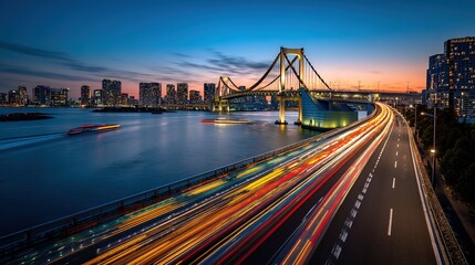 Digital Cityscape of Tokyo with River and Bridge, Long Exposure Car Light Streaks, Modern Urban Architecture along Chiyoda River at Sunset, Aerial View with Blue Gradient Theme