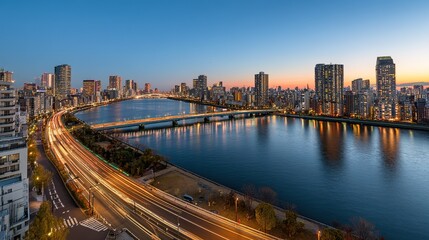 Digital Cityscape of Tokyo with River and Bridge, Long Exposure Car Light Streaks, Modern Urban Architecture along Chiyoda River at Sunset, Aerial View with Blue Gradient Theme