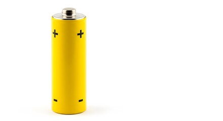 AI image showing a single yellow AA alkaline battery standing upright, isolated against a plain, clean white background for copy space