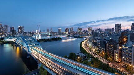 Digital Cityscape of Tokyo with River and Bridge, Long Exposure Car Light Streaks, Modern Urban Architecture along Chiyoda River at Sunset, Aerial View with Blue Gradient Theme