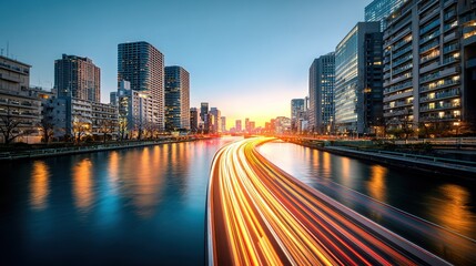 Digital Cityscape of Tokyo with River and Bridge, Long Exposure Car Light Streaks, Modern Urban Architecture along Chiyoda River at Sunset, Aerial View with Blue Gradient Theme