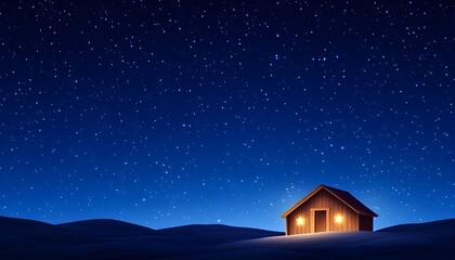 Fototapeta premium A cozy wooden cabin glows warmly under a vast, starlit night sky Rolling hills surround the peaceful scene