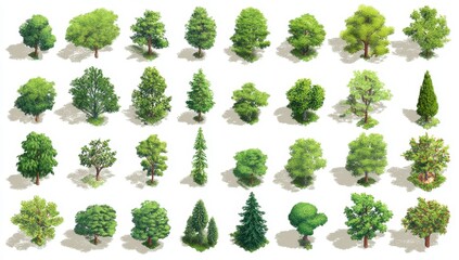Collection of Isometric Illustrations of Various Trees