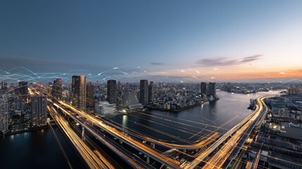 Digital Technology Background with Cityscape and River View, Long Exposure Light Trails, High-Speed Traffic in Tokyo Bay at Sunset, Aerial Wide Panorama