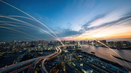 Digital Technology Background with Cityscape and River View, Long Exposure Light Trails, High-Speed Traffic in Tokyo Bay at Sunset, Aerial Wide Panorama