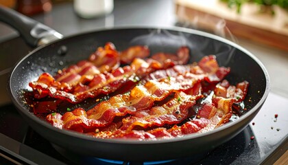 Crispy Brown Bacon Strips Frying in a Pan