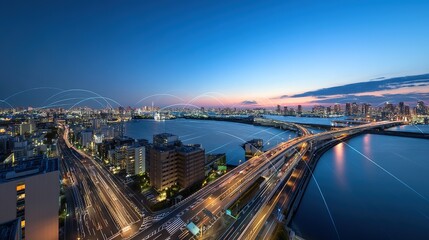 Digital Technology Background with Cityscape and River View, Long Exposure Light Trails, High-Speed Traffic in Tokyo Bay at Sunset, Aerial Wide Panorama